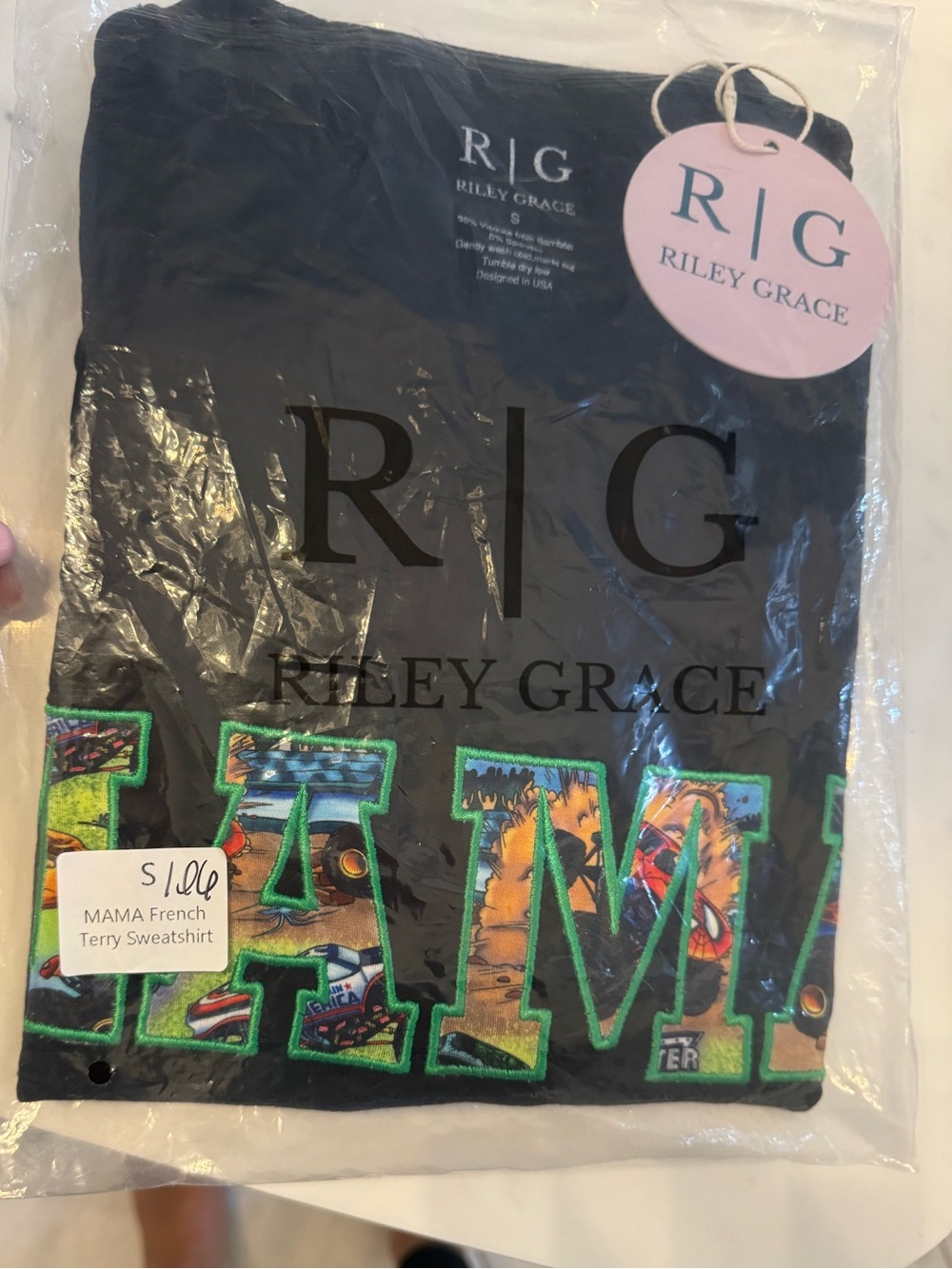 Riley Grace Bamboo MAMA French terry sweatshirt monster truck print size S